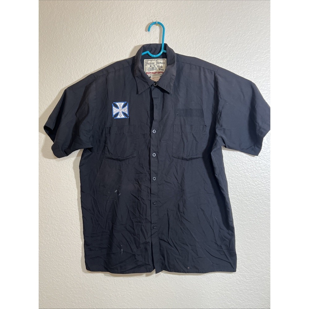 VTG Jesse James West Coast Choppers Work Shirt Black Embroidered Large Thrashed